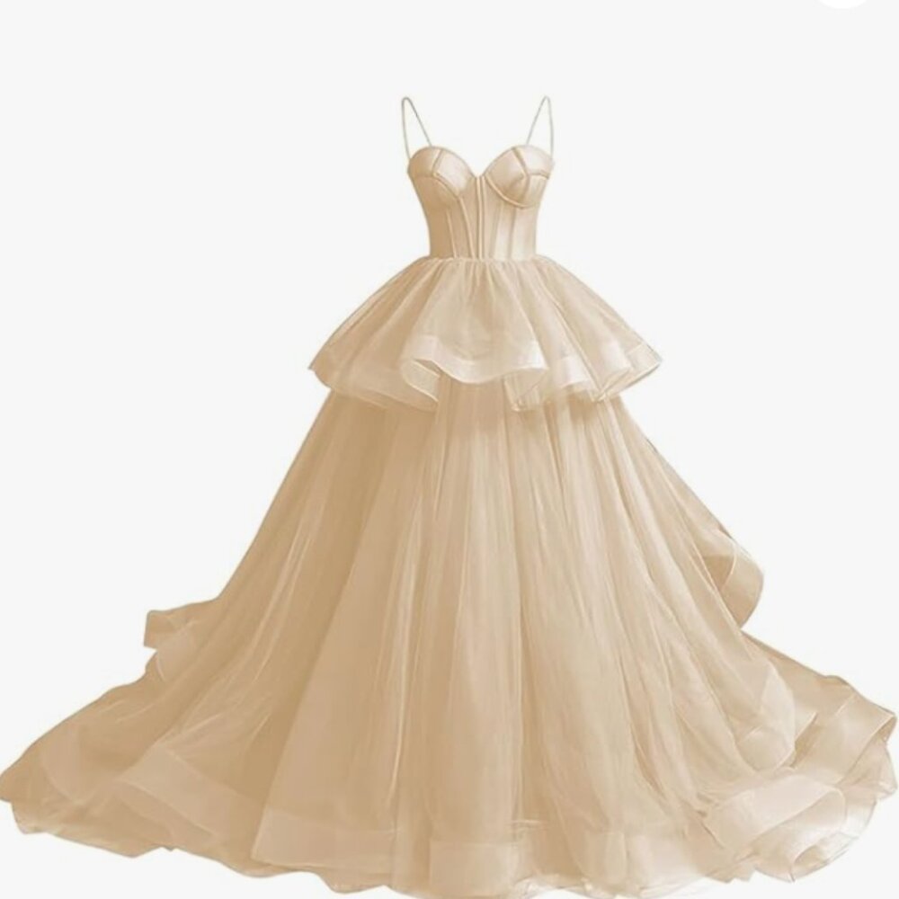 Tulle Prom Dresses for Women Long Spaghetti Straps Ball Gown Puffy Sweetheart